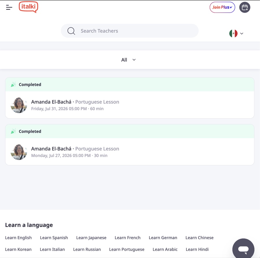 italki lesson history showing completed Portuguese lessons with Amanda El-Bacha